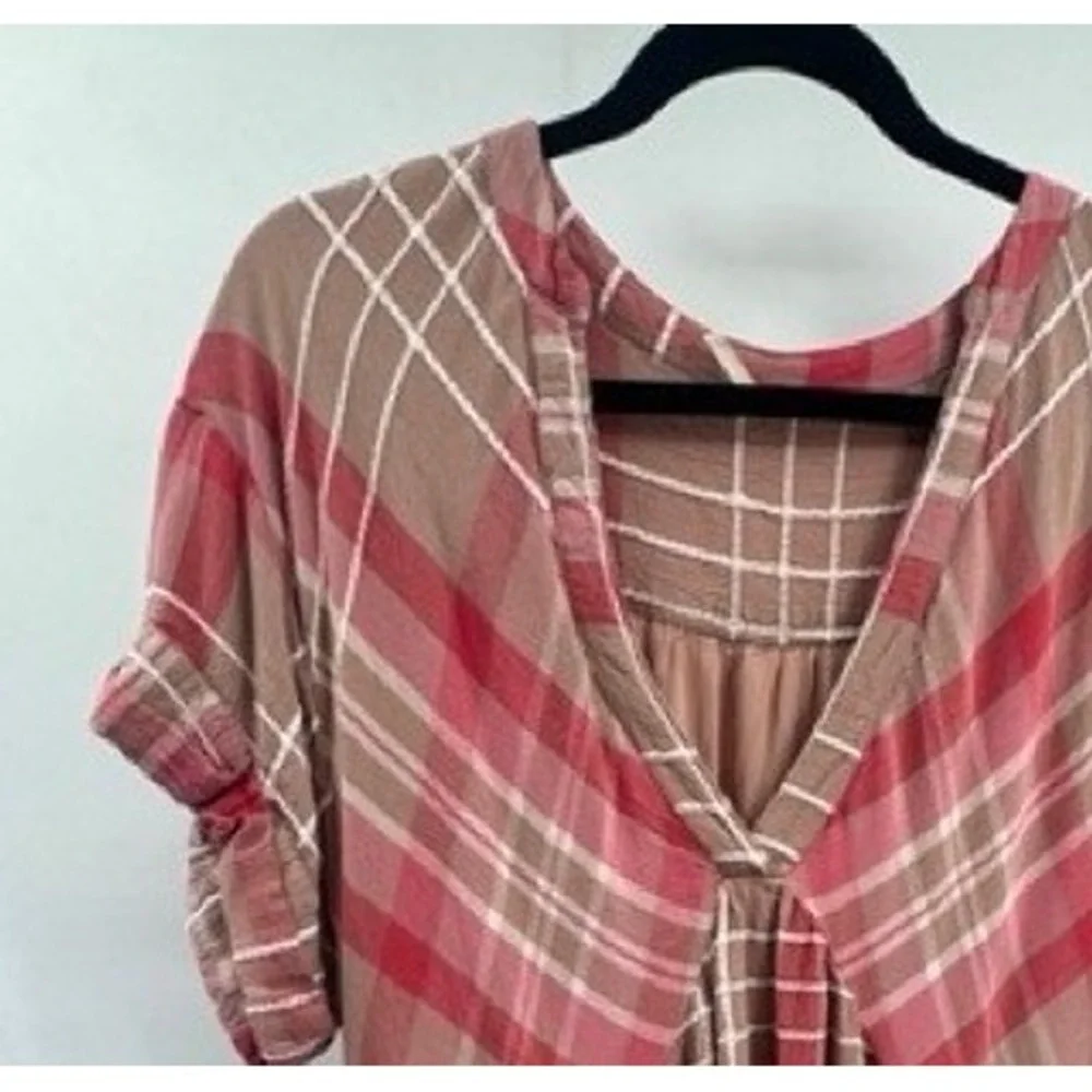Free People Pink Tan Plaid Babydoll Oversized Mini Dress SMALL Boho Cottage